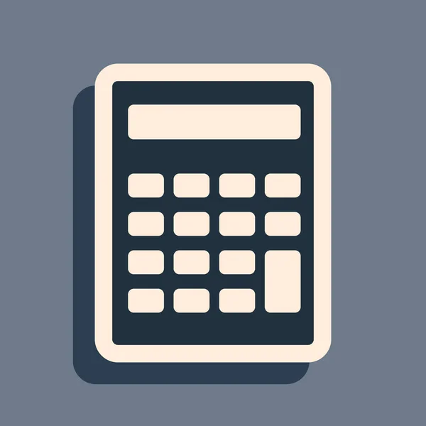 Icono de la calculadora negra aislado sobre fondo gris. Símbolo contable. Cálculos de negocio matemáticas educación y finanzas. Estilo de sombra larga. Ilustración vectorial — Archivo Imágenes Vectoriales