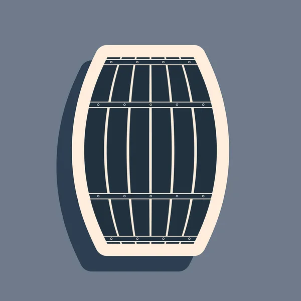 Ícone de barril de madeira preto isolado em fundo cinza. Barril de álcool, recipiente de bebida, barril de madeira para cerveja, uísque, vinho. Estilo de sombra longo. Ilustração vetorial —  Vetores de Stock