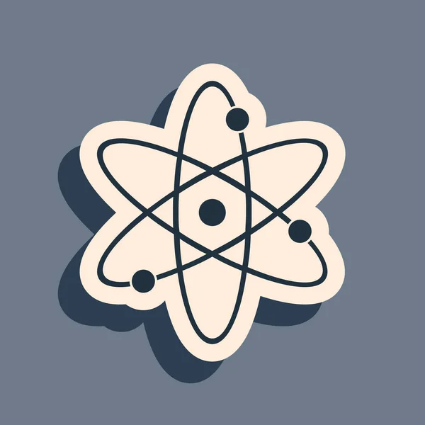 Піктограма чорного атома ізольована на сірому фоні. Символ науки, освіти, ядерної фізики, наукових досліджень. Електрони та протони. Довгий стиль тіней. Векторна ілюстрація — стоковий вектор