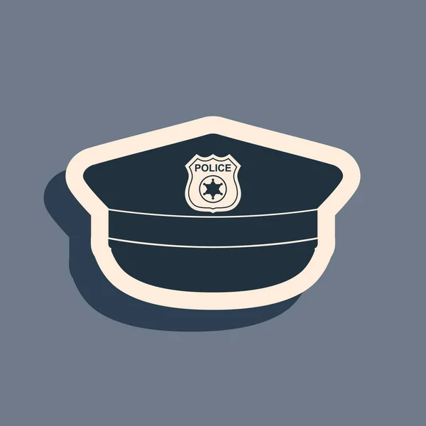 Schwarze Polizeimütze mit Kokainsymbol auf grauem Hintergrund. Polizeihut-Schild. Langer Schatten. Vektorillustration — Stockvektor