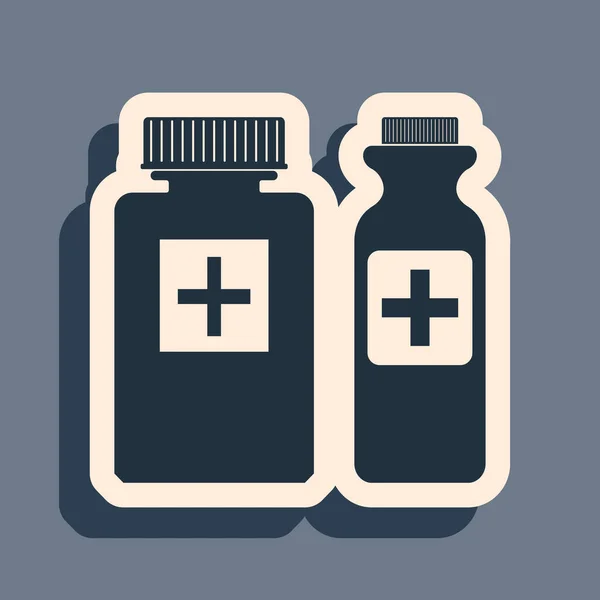 Black Medicine bottle icon isolated on grey background. Bottle pill sign. Pharmacy design. Long shadow style. Vector Illustration — Stock Vector
