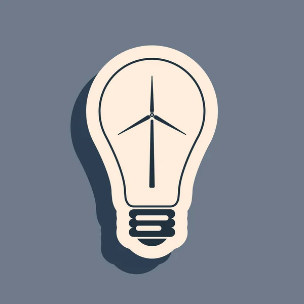 Schwarze Glühbirne mit Windkraftanlage als Idee einer umweltfreundlichen Energiequelle, isoliert auf grauem Hintergrund. Alternatives Energiekonzept. Langer Schatten. Vektorillustration — Stockvektor