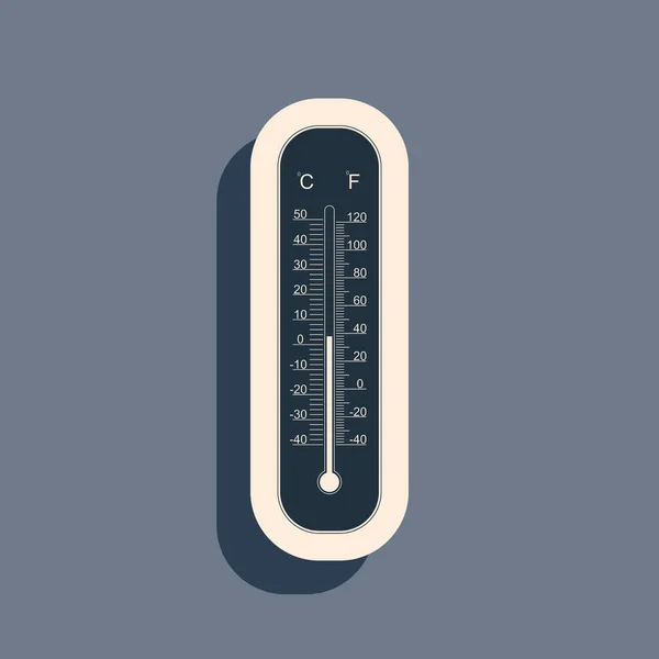 Black Celsius and fahrenheit meteorology thermometers measuring heat and cold icon on grey background. Thermometer equipment showing hot or cold weather. Long shadow style. Vector Illustration — Stock Vector