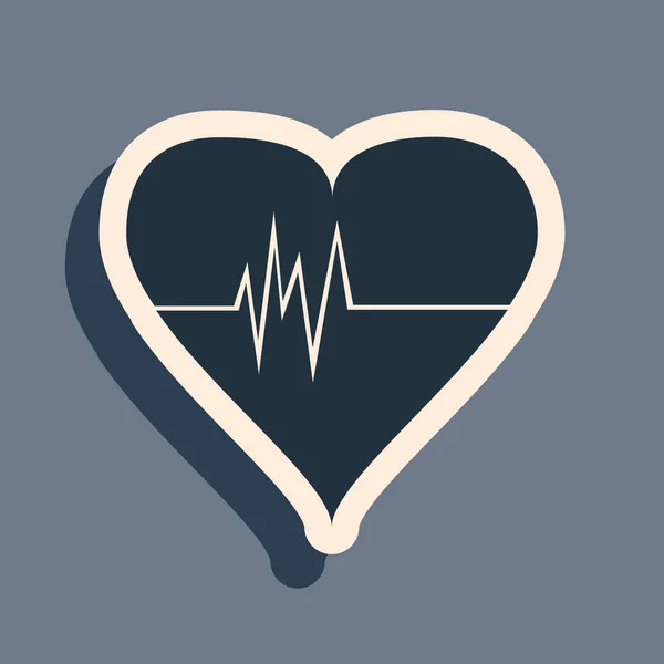 Schwarzes Herzfrequenzsymbol isoliert auf grauem Hintergrund. Herzschlagzeichen. Herzpuls-Symbol. Kardiogramm-Symbol. Langer Schatten. Vektorillustration — Stockvektor