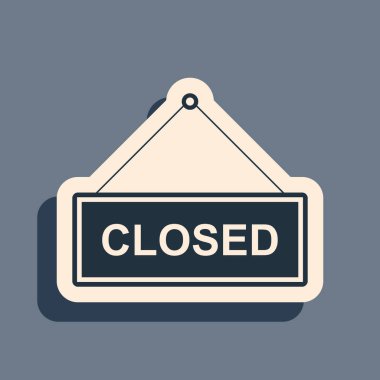 Gri arkaplanda izole edilmiş kapalı kapı simgesi ile Siyah Asılma işareti. Uzun gölge tarzı. Vektör İllüstrasyonu