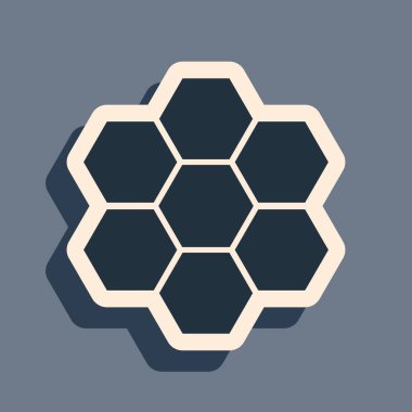 Gri arkaplanda siyah bal peteği simgesi izole edildi. Bal hücrelerinin sembolü. Tatlı doğal yemek. Uzun gölge tarzı. Vektör İllüstrasyonu