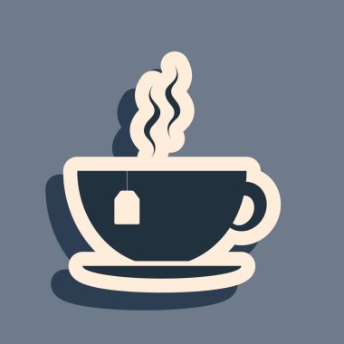 Gri arkaplanda siyah çay poşeti ikonu var. Uzun gölge tarzı. Vektör İllüstrasyonu