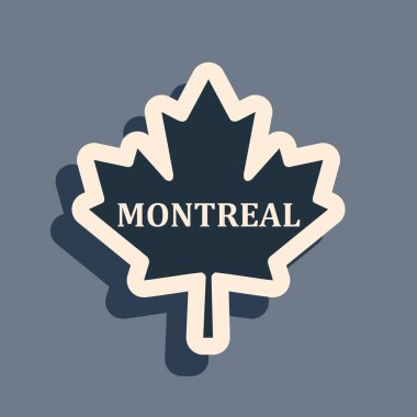Montreal isimli siyah Kanada akçaağaç yaprağı gri arka planda izole edilmiş. Uzun gölge tarzı. Vektör İllüstrasyonu