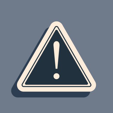 Gri arkaplanda siyah ünlem işareti var. Tehlike uyarısı, dikkat, dikkat, tehlike uyarısı önemli bir işaret. Uzun gölge tarzı. Vektör İllüstrasyonu