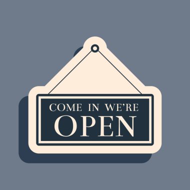 Siyah asma işareti. Gri arkaplanda açık simge var. Kafe ya da restoran için iş teması. Uzun gölge tarzı. Vektör İllüstrasyonu