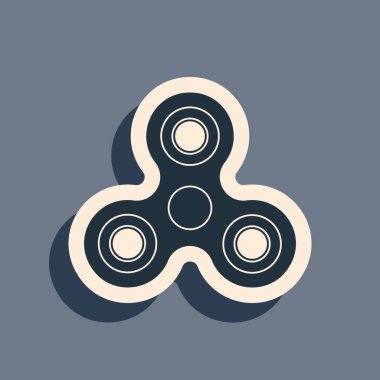 Siyah Fidget döndürme simgesi gri arkaplanda izole edildi. Stres giderici oyuncak. Moda bir el çevirme makinesi. Uzun gölge tarzı. Vektör İllüstrasyonu