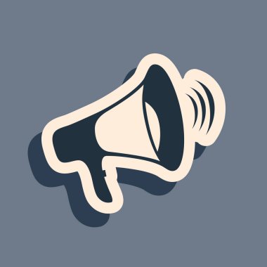 Gri arkaplanda siyah megafon simgesi izole edildi. Uzun gölge tarzı. Vektör İllüstrasyonu