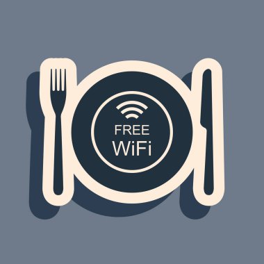 Siyah Restoran Ücretsiz Wi-Fi alan simgesi gri arkaplanda izole edildi. Tabak, çatal ve bıçak işareti. Uzun gölge tarzı. Vektör İllüstrasyonu