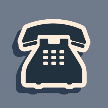 Gri arkaplanda siyah telefon simgesi izole edildi. Sabit telefon. Uzun gölge tarzı. Vektör İllüstrasyonu