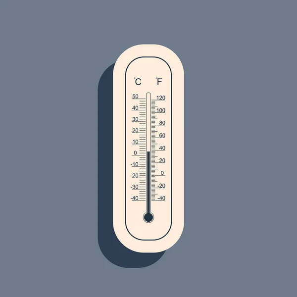 Black Celsius a fahrenheit meteorologické teploměry měření tepla a studené ikony na šedém pozadí. Teploměr ukazuje teplé nebo studené počasí. Dlouhý stínový styl. Vektorová ilustrace — Stockový vektor