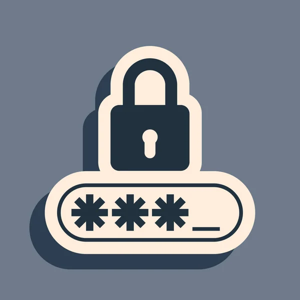 Icono de acceso de seguridad y protección con contraseña negra aislado sobre fondo gris. Icono de bloqueo. Seguridad, seguridad, protección, concepto de privacidad. Estilo de sombra larga. Ilustración vectorial — Vector de stock