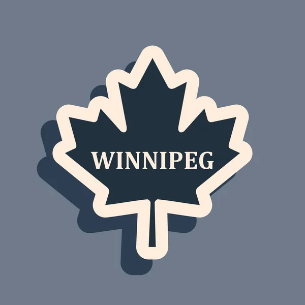 Μαύρο καναδικό φύλλο σφενδάμου με το όνομα της πόλης εικονίδιο Winnipeg απομονωμένο σε γκρι φόντο. Μακρύ στυλ σκιάς. Εικονογράφηση διανύσματος — Διανυσματικό Αρχείο
