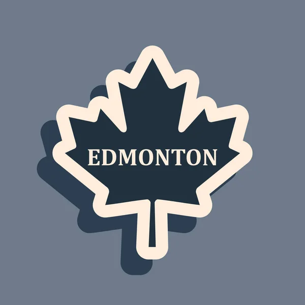 Μαύρο καναδικό φύλλο σφενδάμου με το όνομα της πόλης του Έντμοντον εικόνα απομονώνονται σε γκρι φόντο. Μακρύ στυλ σκιάς. Εικονογράφηση διανύσματος — Διανυσματικό Αρχείο