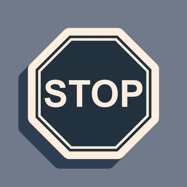 Signo de parada negro aislado sobre fondo gris. Símbolo de parada de advertencia de tráfico. Estilo de sombra larga. Ilustración vectorial — Archivo Imágenes Vectoriales