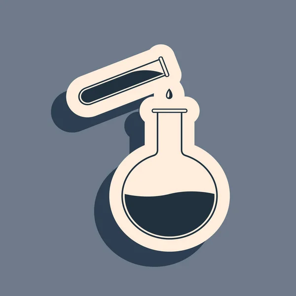 Black Test tube and flask - chemical laboratory test icon isolated on grey background. Laboratory glassware sign. Long shadow style. Vector Illustration — Stock Vector