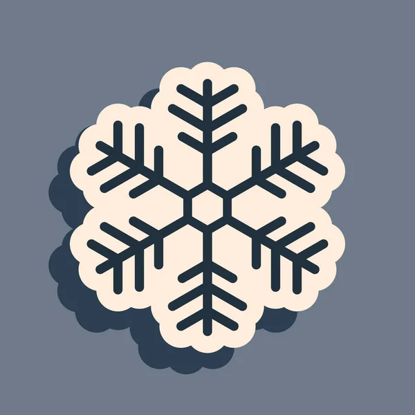 Icono de copo de nieve negro aislado sobre fondo gris. Estilo de sombra larga. Ilustración vectorial — Vector de stock