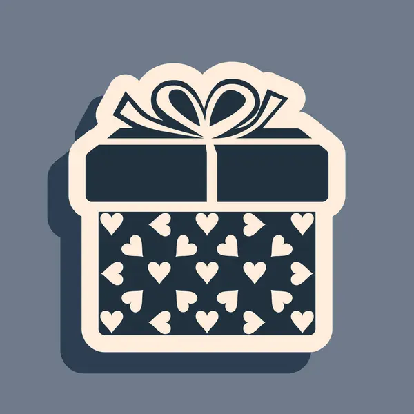 Black Gift box and heart icon isolated on grey background. Packaging Valentines Day. Beautiful festive box tied with ribbon and bow on top. Long shadow style. Vector Illustration — Stock Vector