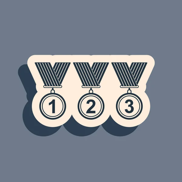 Black Set Medal Symbol isoliert auf grauem Hintergrund. Sieger simbol. Langer Schatten. Vektorillustration — Stockvektor