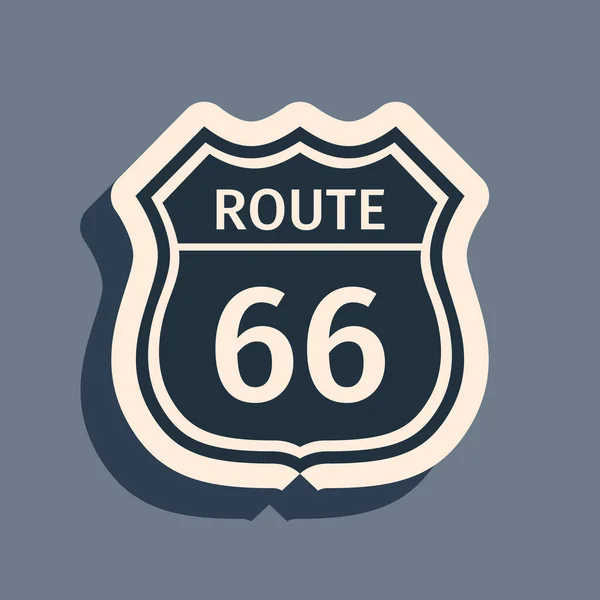 Schwarze amerikanische Straßensymbole isoliert auf grauem Hintergrund. Route sechsundsechzig Straßenschild. Langer Schatten. Vektorillustration — Stockvektor