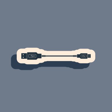 Gri arkaplanda siyah USB mikro kablo simgesi. PC ve mobil cihazlar için bağlantı ve soketler. Bilgisayar çevresel bağlantı ya da akıllı telefon şarj kaynağı. Uzun gölge tarzı. Vektör İllüstrasyonu