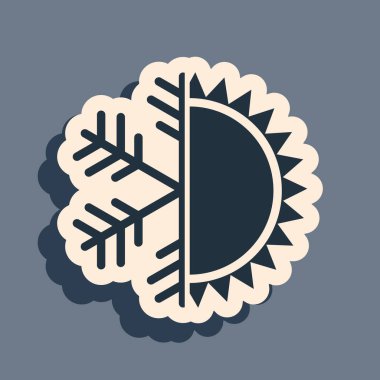 Siyah sıcak ve soğuk sembol. Gri arkaplanda güneş ve kar tanesi ikonu izole edildi. Kış ve yaz sembolü. Uzun gölge tarzı. Vektör İllüstrasyonu