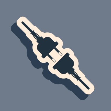 Siyah elektrik kablosu ve gri arka planda izole edilmiş soket simgesi. Uzun gölge tarzı. Vektör İllüstrasyonu