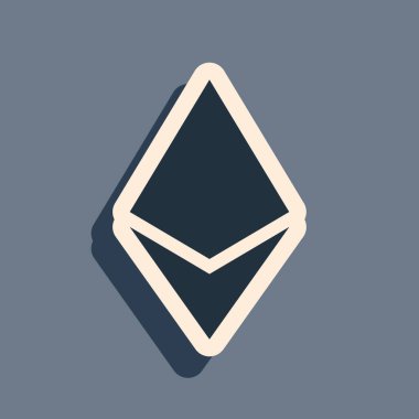 Siyah Kripto Para Gri arka planda Ethereum ETH simgesi. Madeni para. Dijital para birimi. Altcoin sembolü. Engelleme zinciri tabanlı şifreli para birimi. Uzun gölge tarzı. Vektör İllüstrasyonu