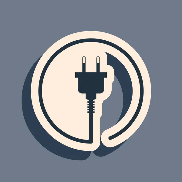 Icono de enchufe eléctrico negro aislado sobre fondo gris. Concepto de conexión y desconexión de la electricidad. Estilo de sombra larga. Ilustración vectorial — Archivo Imágenes Vectoriales