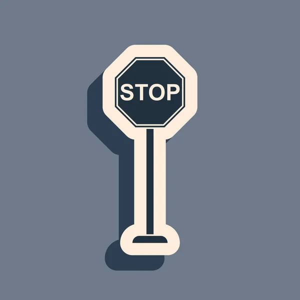 Icono Black Stop aislado sobre fondo gris. Símbolo de parada de advertencia de tráfico. Estilo de sombra larga. Ilustración vectorial — Archivo Imágenes Vectoriales