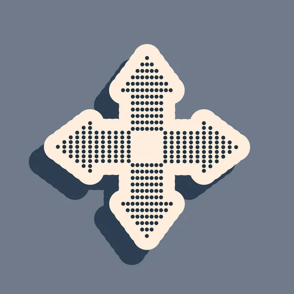 Flechas negras puntos en cuatro direcciones icono aislado sobre fondo gris. Estilo de sombra larga. Ilustración vectorial — Archivo Imágenes Vectoriales