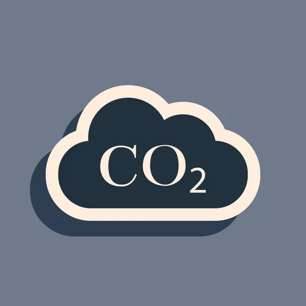 Black CO2 emissions in cloud icon isolated on grey background. Carbon dioxide formula symbol, smog pollution concept, environment concept, combustion products. Long shadow style. Vector Illustration — Stock Vector