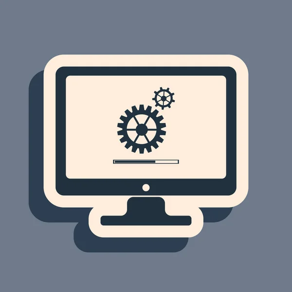 Processus de mise à jour du moniteur informatique avec progression de l'engrenage et icône de la barre de chargement sur fond gris. Mise à jour du logiciel système. Réglage app, réglage, entretien, réparation. Style ombre longue. Illustration vectorielle — Image vectorielle