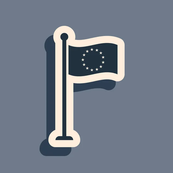 Drapeau noir de l'Union européenne icône isolée sur fond gris. Symbole du cercle européen. Agitant le drapeau de l'UE sur un poteau métallique. Style ombre longue. Illustration vectorielle — Image vectorielle