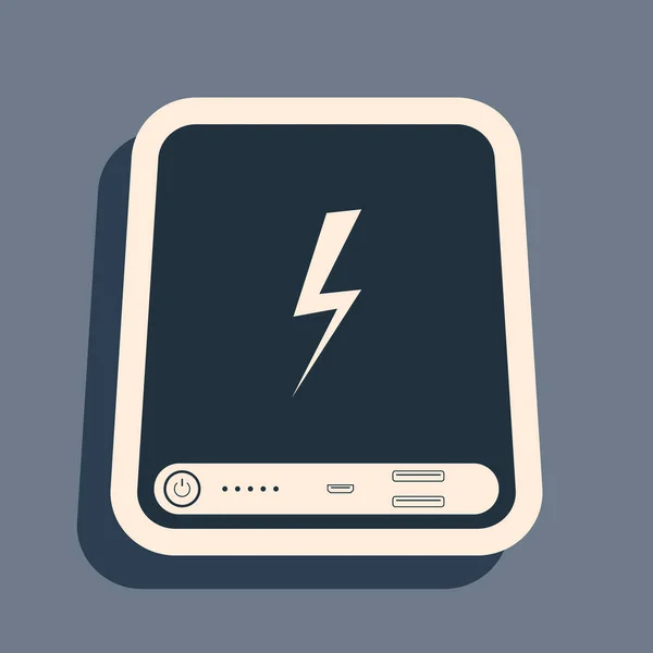 Zwarte Power bank pictogram geïsoleerd op grijze achtergrond. Draagbaar laadapparaat. Lange schaduw stijl. Vector Illustratie — Stockvector