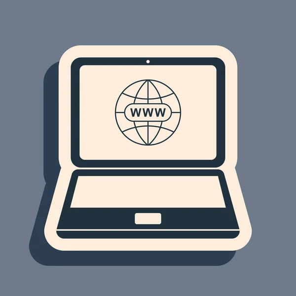 Zwarte Website op laptop scherm pictogram op grijze achtergrond. Globe op het scherm van laptop symbool. Wereldwijd websymbool. Internet symbool voor uw website ontwerp, logo. Lange schaduw stijl. Vector Illustratie — Stockvector