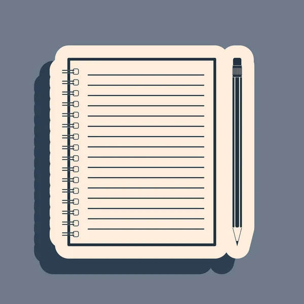 Caderno e lápis em branco preto com ícone de borracha isolado em fundo cinza. Estilo de sombra longo. Ilustração vetorial — Vetor de Stock