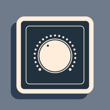 Gri arkaplanda siyah elektrik düğmesi simgesi izole edildi. Açık ve kapalı simgesi. Loş ışık düğmesi işareti. Enerji tasarrufu kavramı. Uzun gölge tarzı. Vektör İllüstrasyonu