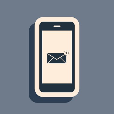 Siyah alıcılar mesaj konsepti. Gri arkaplandaki akıllı telefon ekran simgesinde yeni bir e- posta uyarısı. Telefon ekranında yeni mesaj var. Posta servisi. Uzun gölge tarzı. Vektör İllüstrasyonu
