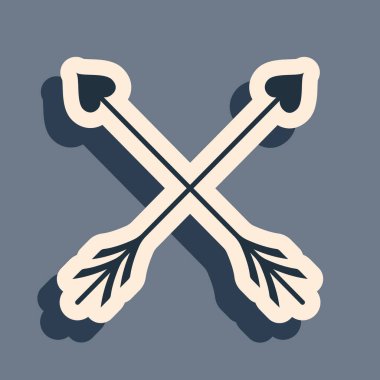 Kara Çapraz Aşk Tanrısı Ok Kalbi, Sevgililer Günü kartı öğesi simgesi gri arka planda izole edilmiş. Uzun gölge tarzı. Vektör İllüstrasyonu