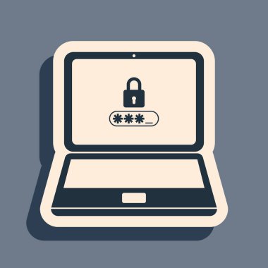 Gri arkaplanda siyah dizüstü bilgisayar ve kilit simgesi izole edildi. Güvenlik kavramı, kişisel erişim, kullanıcı yetkisi, giriş formu. Uzun gölge tarzı. Vektör İllüstrasyonu