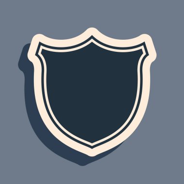 Siyah Kalkan güvenlik simgesi gri arkaplanda izole edildi. Koruma, güvenlik, güvenlik kavramı. Güvenlik duvarı gizlilik levhası. Uzun gölge tarzı. Vektör İllüstrasyonu