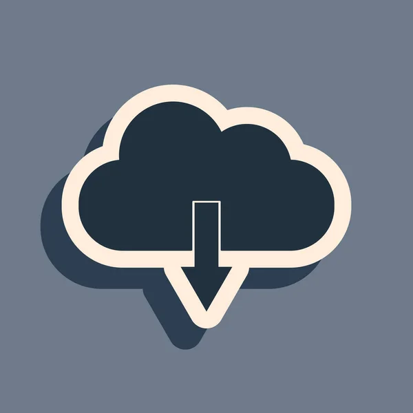 Icono de descarga Black Cloud aislado sobre fondo gris. Estilo de sombra larga. Ilustración vectorial — Vector de stock