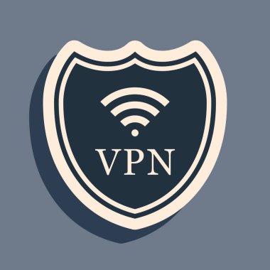 VPN ve kablosuz internet ağ simgesine sahip Kara Kalkan gri arka planda. VPN güvenlik kavramını koruyor. Güvenlik için sanal özel ağ. Uzun gölge tarzı. Vektör İllüstrasyonu