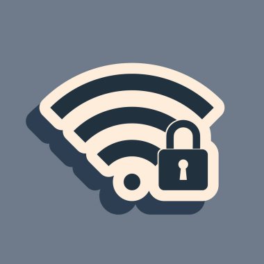 Kara Wifi gri arkaplanda izole edilmiş bir simge kilitledi. Şifre kablosuz ağ sembolü. Kablosuz ağ simgesi. Karı bölgesi. Uzun gölge tarzı. Vektör İllüstrasyonu