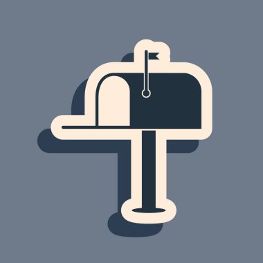 Siyah Açık posta kutusu simgesi gri arkaplanda izole edildi. Posta kutusu simgesi. Posta kutusunda bayrak var. Uzun gölge tarzı. Vektör İllüstrasyonu